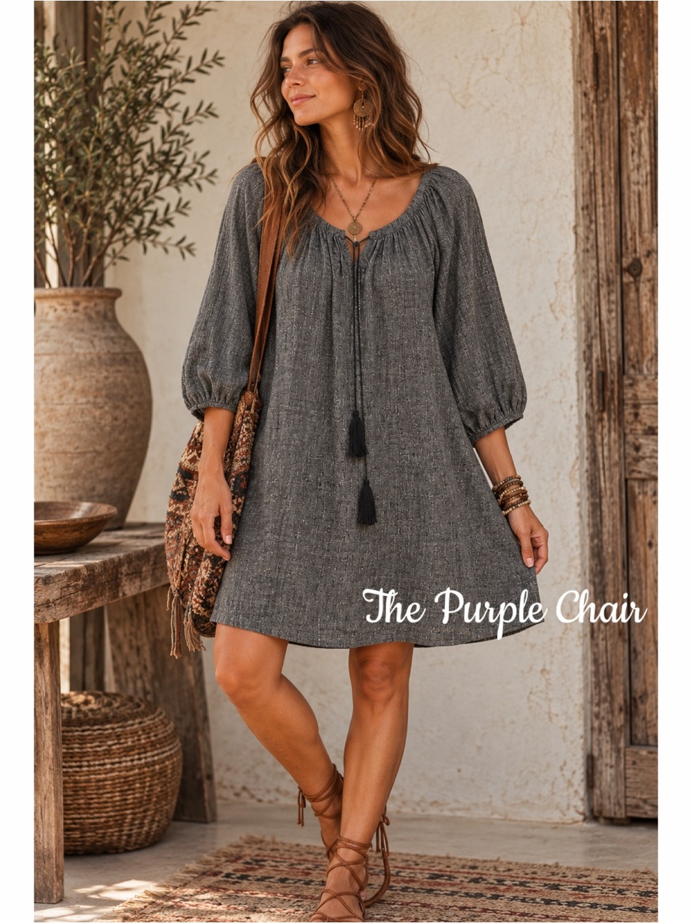 ANAAK NWT Dark Chambray Tassel Tie Lagenlook Cotton Dress 3 (L)
